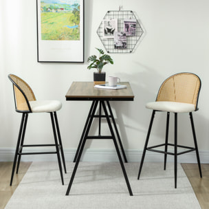 Juego de 2 Taburetes de Bar, Taburetes Altos de Cocina con Respaldo de Ratán, Asiento Tapizado en Borreguito, Marco de Acero y Reposapiés para Comedor, Mostrador, Blanco Crema