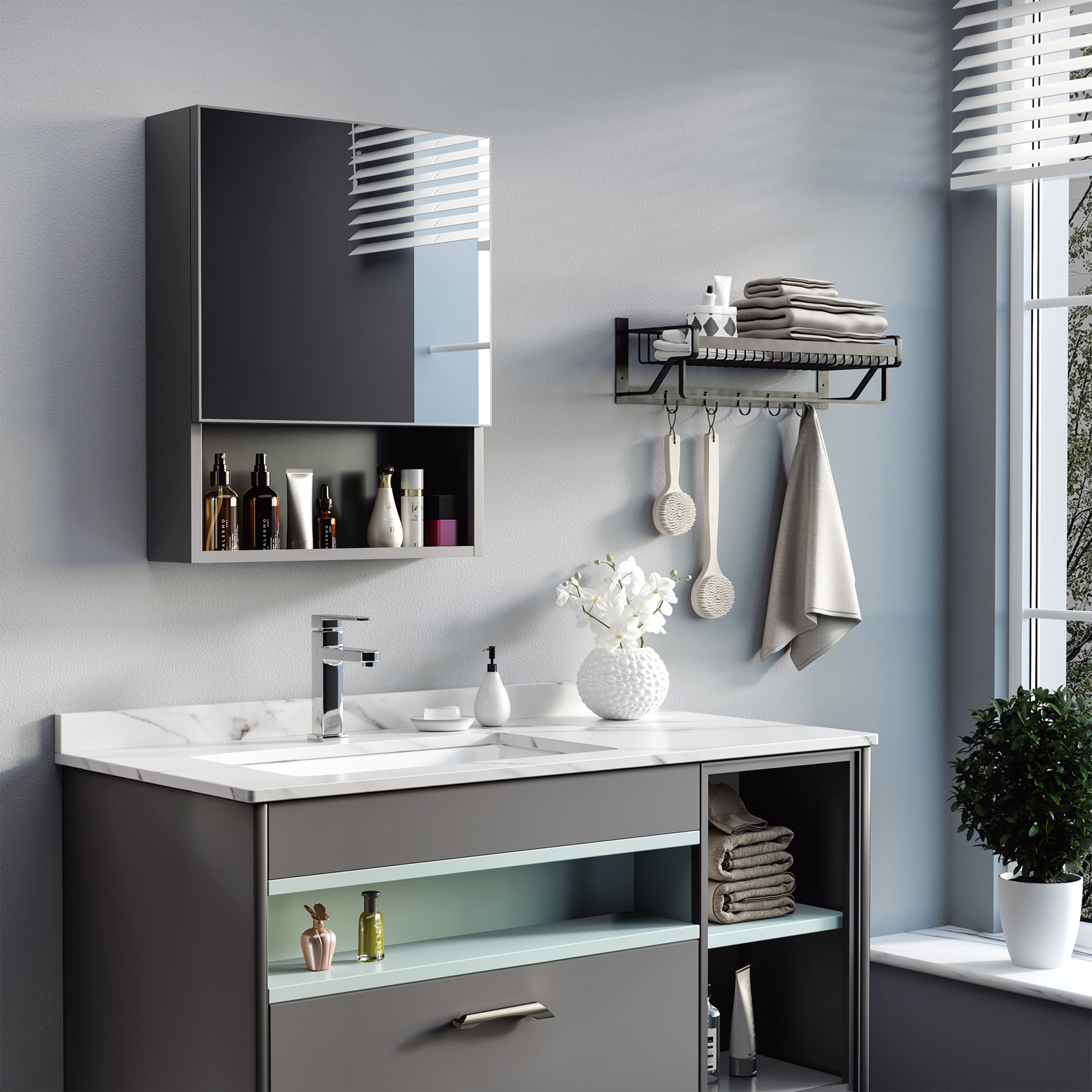 Armoire murale de rangement salle de bain avec porte miroir étagère niche acier inox. noir