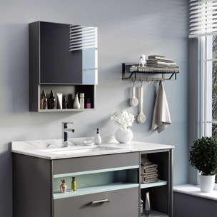 Armoire murale de rangement salle de bain avec porte miroir étagère niche acier inox. noir