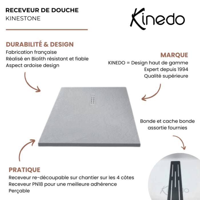 KINEDO Receveur antidérapant 120 x 90 Kinestone biolith rectangle blanc