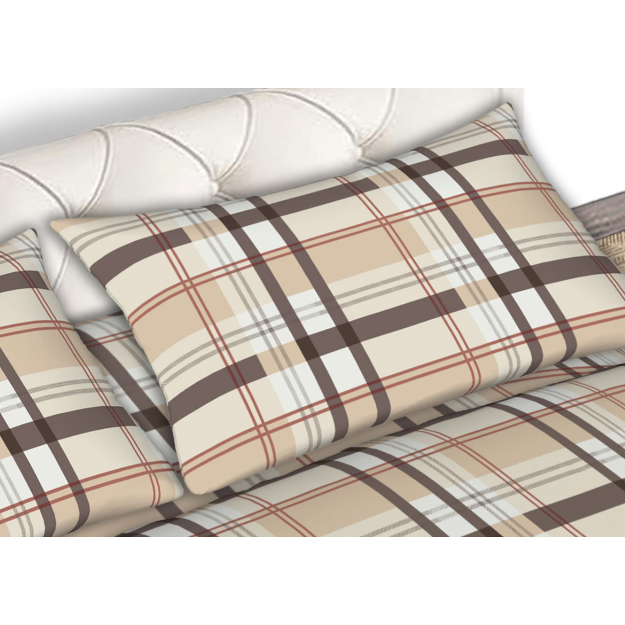 Completo Lenzuola In Flanella Plaid Beige CN Misura Letto Matrimoniale