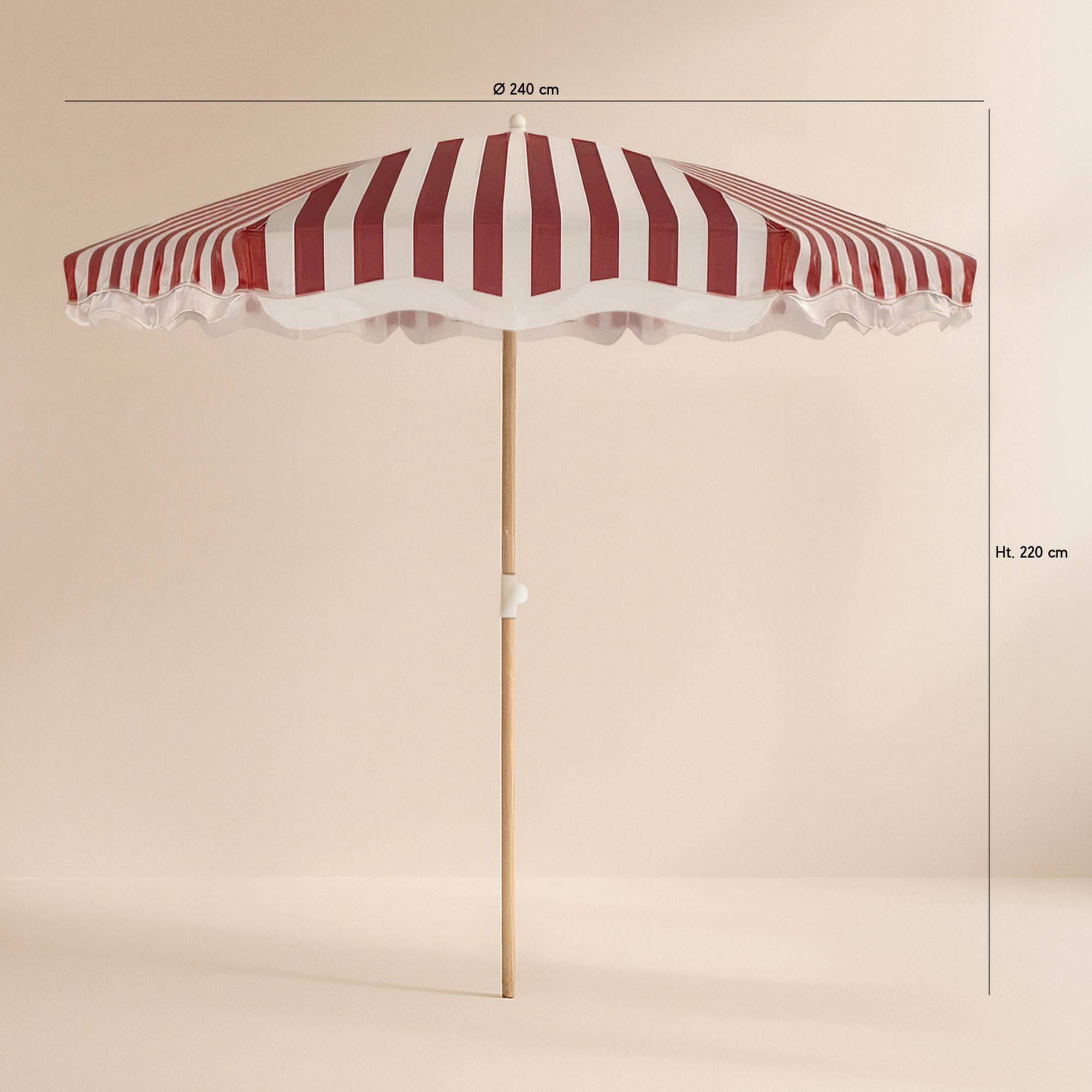 Parasol en polyester à rayure et métal imitation bois rouge ISOLA