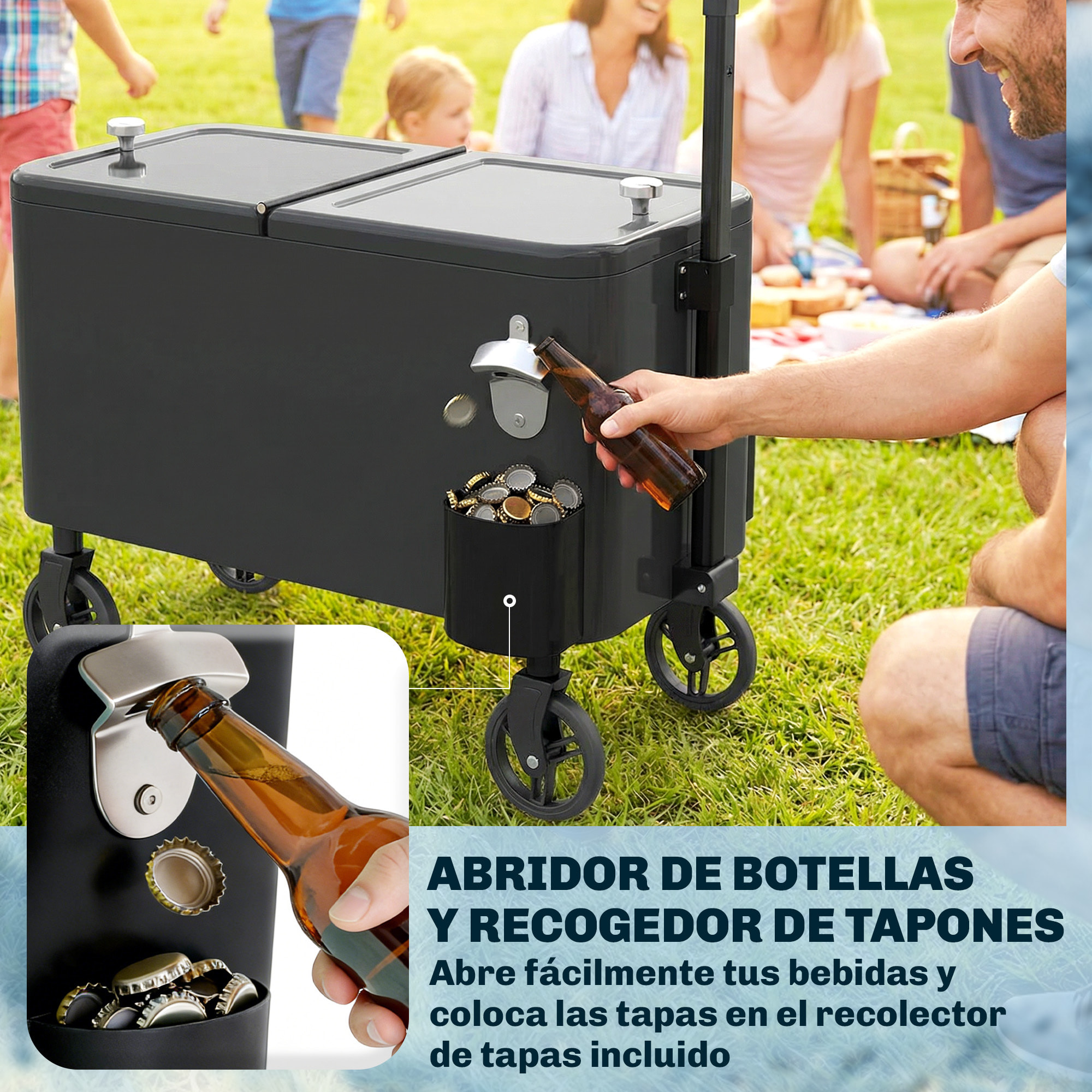 Carrito Nevera de 56L con Ruedas, Carro de Bebidas con Mango Ajustable, Abrebotellas, Recogetapas, Drenaje y Asa, Mesa Nevera Jardín Exterior para Patio, Fiesta, BBQ, 75x35x120 cm, Negro