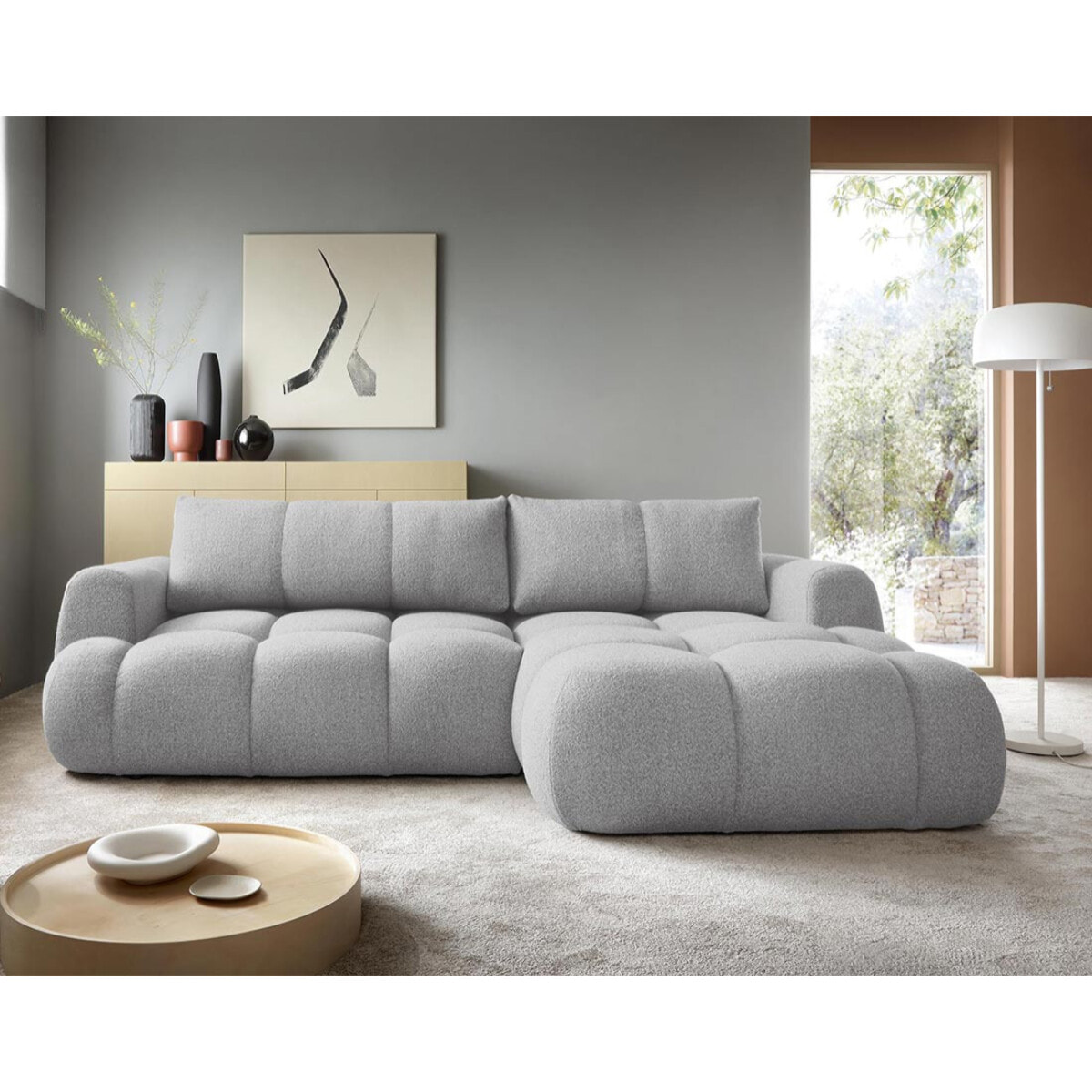 Yulin - Canapé d'angle droit 4 places convertible avec coffre en tissu bouclette - Gris clair