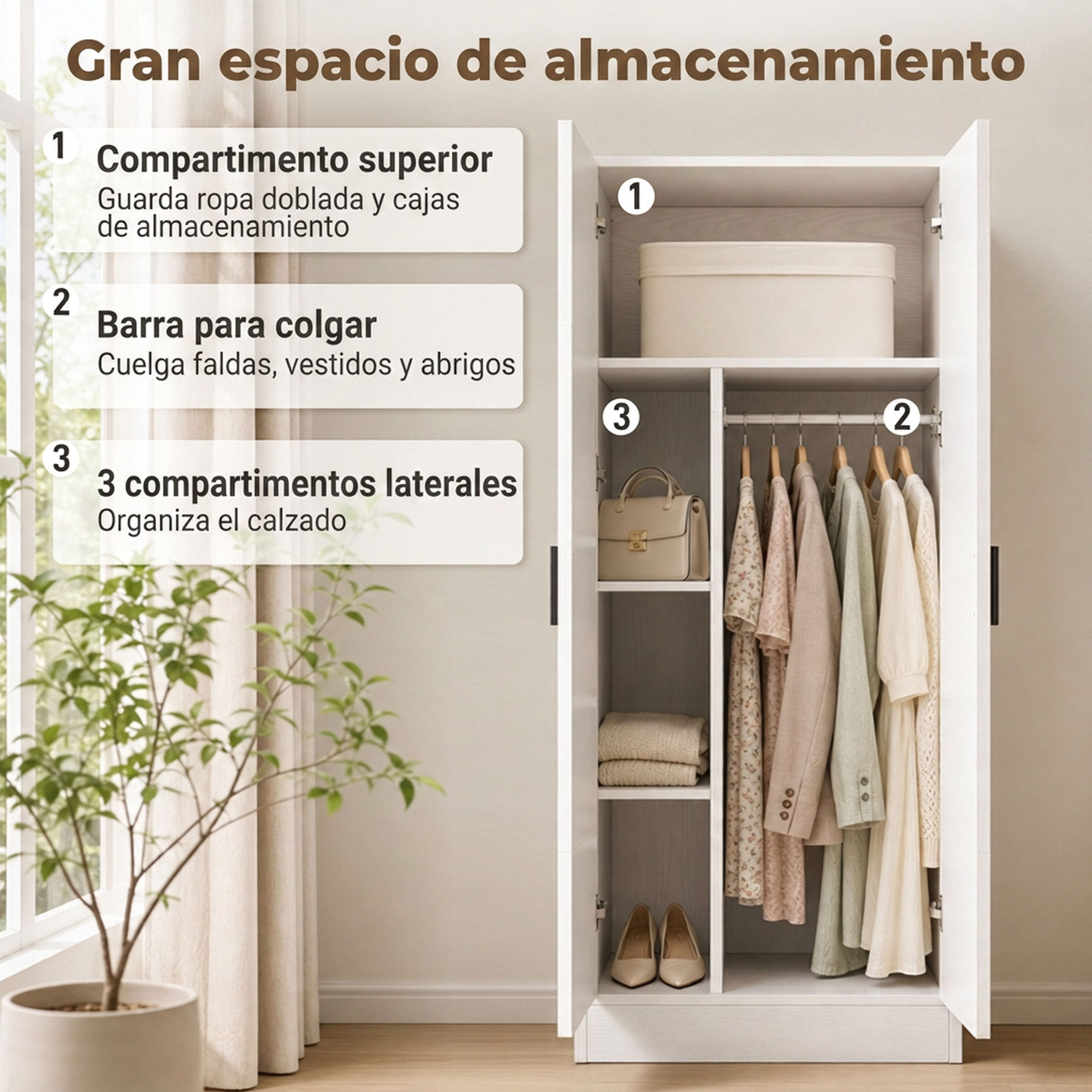 HOMCOM Armario Dormitorio Moderno, Armario Ropero con Barra para Colgar, Estantes, 70x37x164 cm, para Salón, Entrada, Blanco