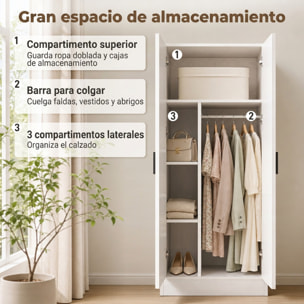 HOMCOM Armario Dormitorio Moderno, Armario Ropero con Barra para Colgar, Estantes, 70x37x164 cm, para Salón, Entrada, Blanco