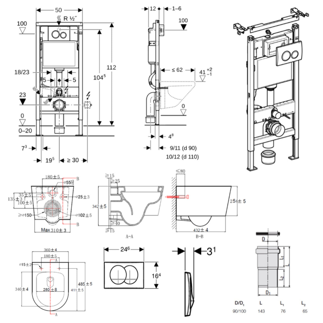 Duofix Pack WC bâti 112 cm + WC sans bride + abattant SoftClose Swiss Aqua Technologies + plaque (GEBSTBRWR04MAN-FR)
