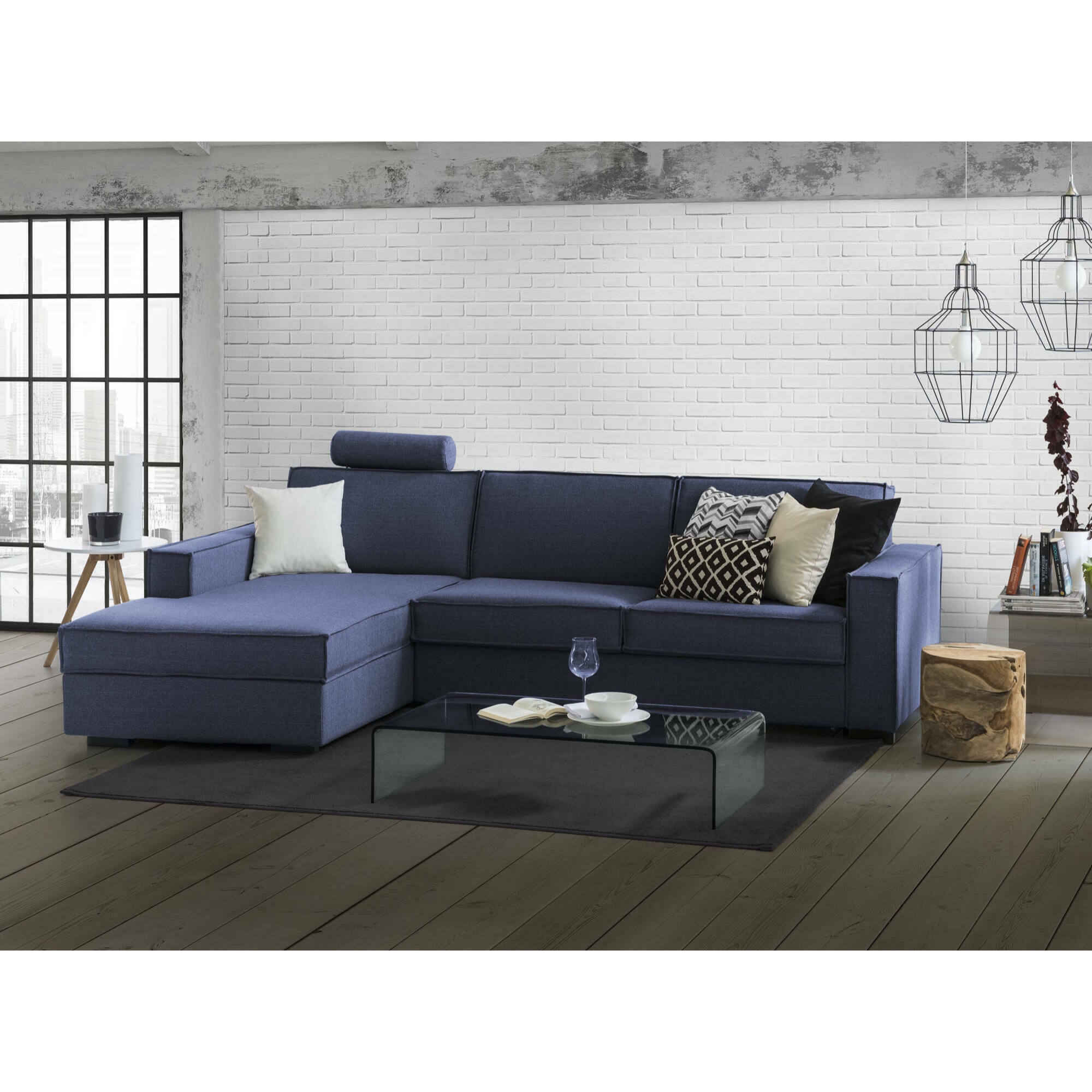 Divano letto con penisola Allaida, Sofà con penisola contenitore Sinistra, Braccioli standard, 100% Made in Italy, Cm 280x95h90, Blu