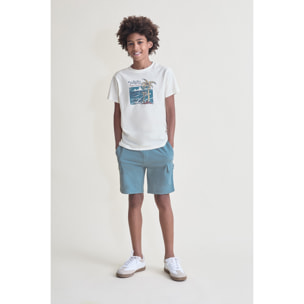Conjunto Camiseta con Estampado de Olas y Palmera Tropical con Shorts Cargo de Verano | Color: Crudo | Street Monkey