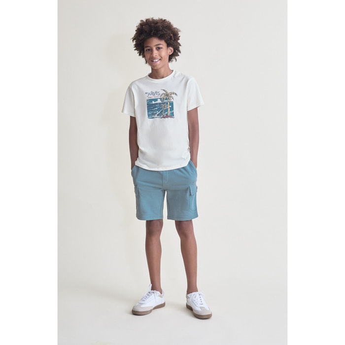 Conjunto Camiseta con Estampado de Olas y Palmera Tropical con Shorts Cargo de Verano | Color: Crudo | Street Monkey