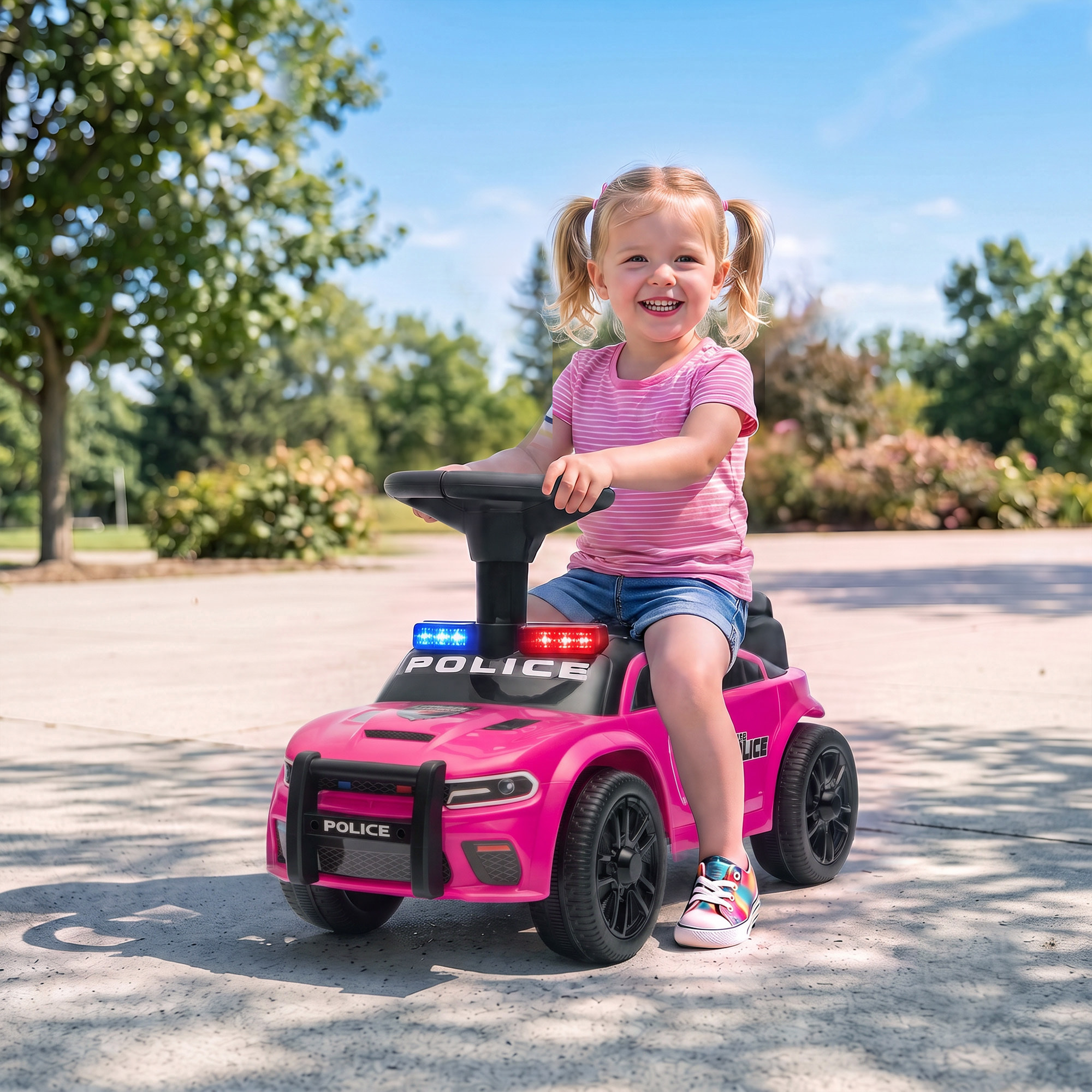 AIYAPLAY Coche Correpasillos de Policía para Niños de 18-36 Meses, Correpasillos con Luz, Música y Espacio de Almacenaje, 65x29,5x36 cm, Rosa