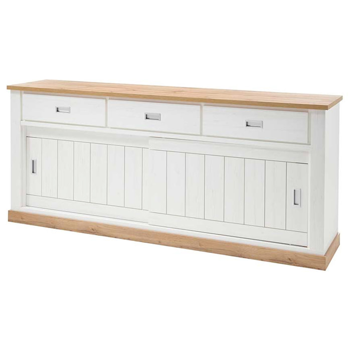 Credenza Soggiorno 3 Cassetti 2 Ante Scorrevoli 4 Ripiani Interni Mobile Buffet Madia Dispensa Cucina Zona Living Design Classico Moderno 220 x 50 x 95 Cm Colore Bianco E Rovere