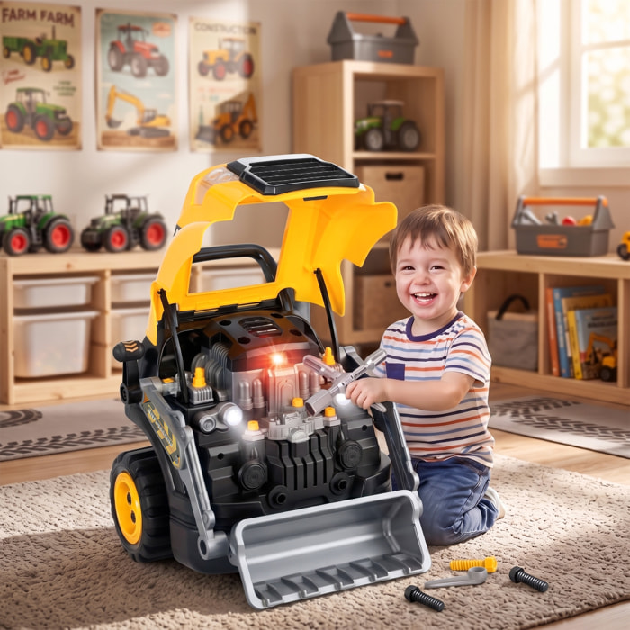 AIYAPLAY Juguete de Motor de Excavadora para Niños, Volante de Juguete con Vapor, Luces y Sonidos, Set de Reparación Mecánico Desmontable, Regalo Educativo para Niños y Niñas de 3-6 Años, Amarillo
