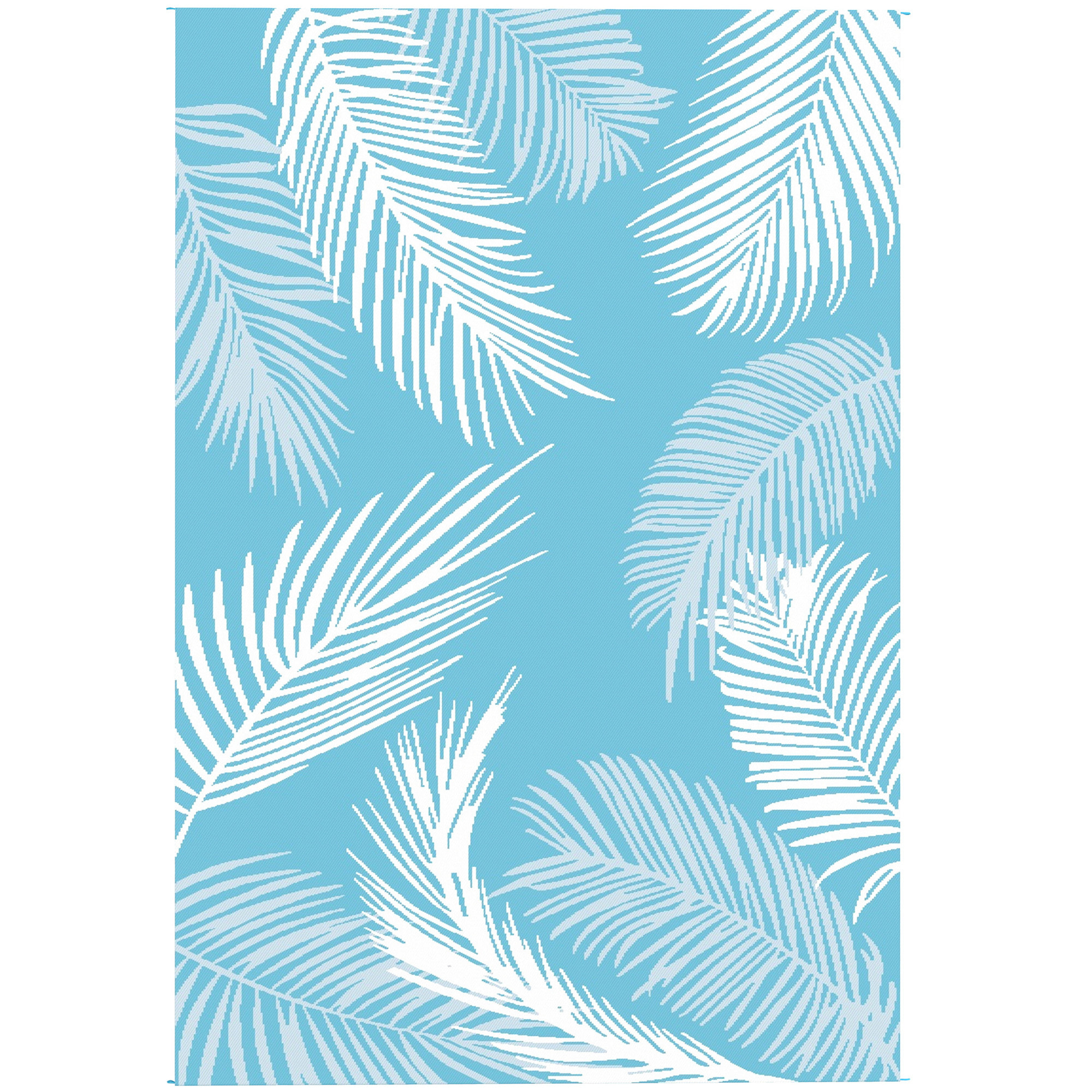 Tapis d'extérieur réversible 274x182 cm motif végétal bleu clair blanc