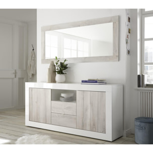 Credenza moderna a 2 ante e 2 cassetti, Made in Italy, Madia da cucina, Buffet di design da soggiorno, cm 184x42h86, colore Bianco lucido e Cemento