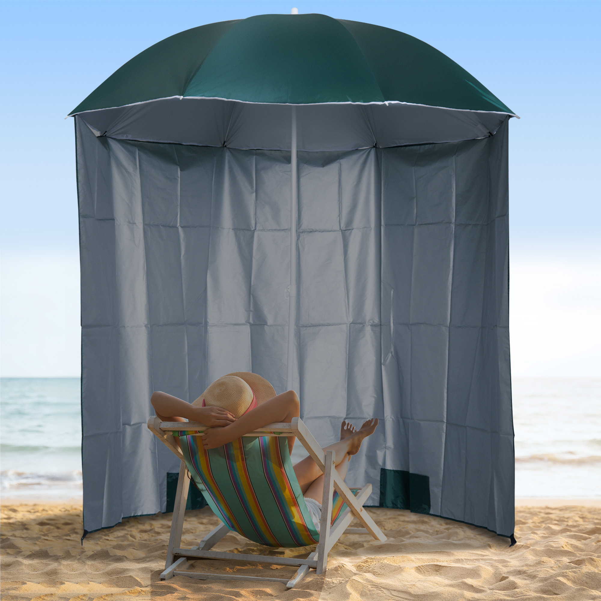 Sombrilla de Playa con Panel Lateral Ø220x220 cm Parasol para Terraza con Apertura Manual 8 Varillas de Acero y Bolsa de Transporte para Jardín Piscina Verde