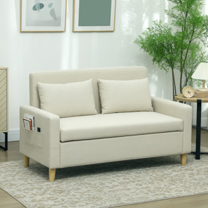 Sofá de 2 Plazas Tapizado en Lino Sintético Sofá de Salón con 2 Almohadas Espacio de Almacenamiento Oculto Bolsillo y Patas de Madera Sofá Pequeño Carga 240 kg 135x72x84 cm Beige