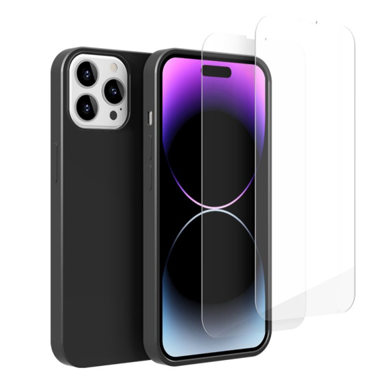 Coque iPhone 14 Pro Max Silicone liquide Noire + 2 Vitres en Verre trempé Protection écran Antichocs