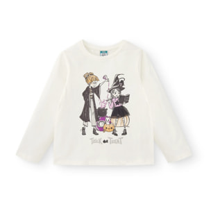 T-shirt Da Bambina In Ecru Con Disegno Di Una Strega