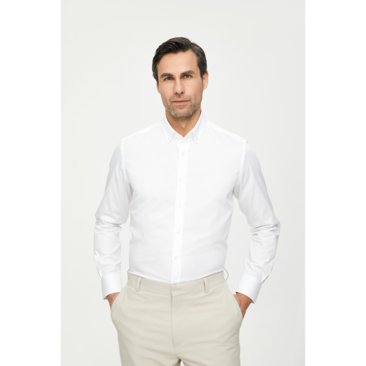 Camicia Uomo 1 Bottone Button Down Slim Twill Unito Bianco