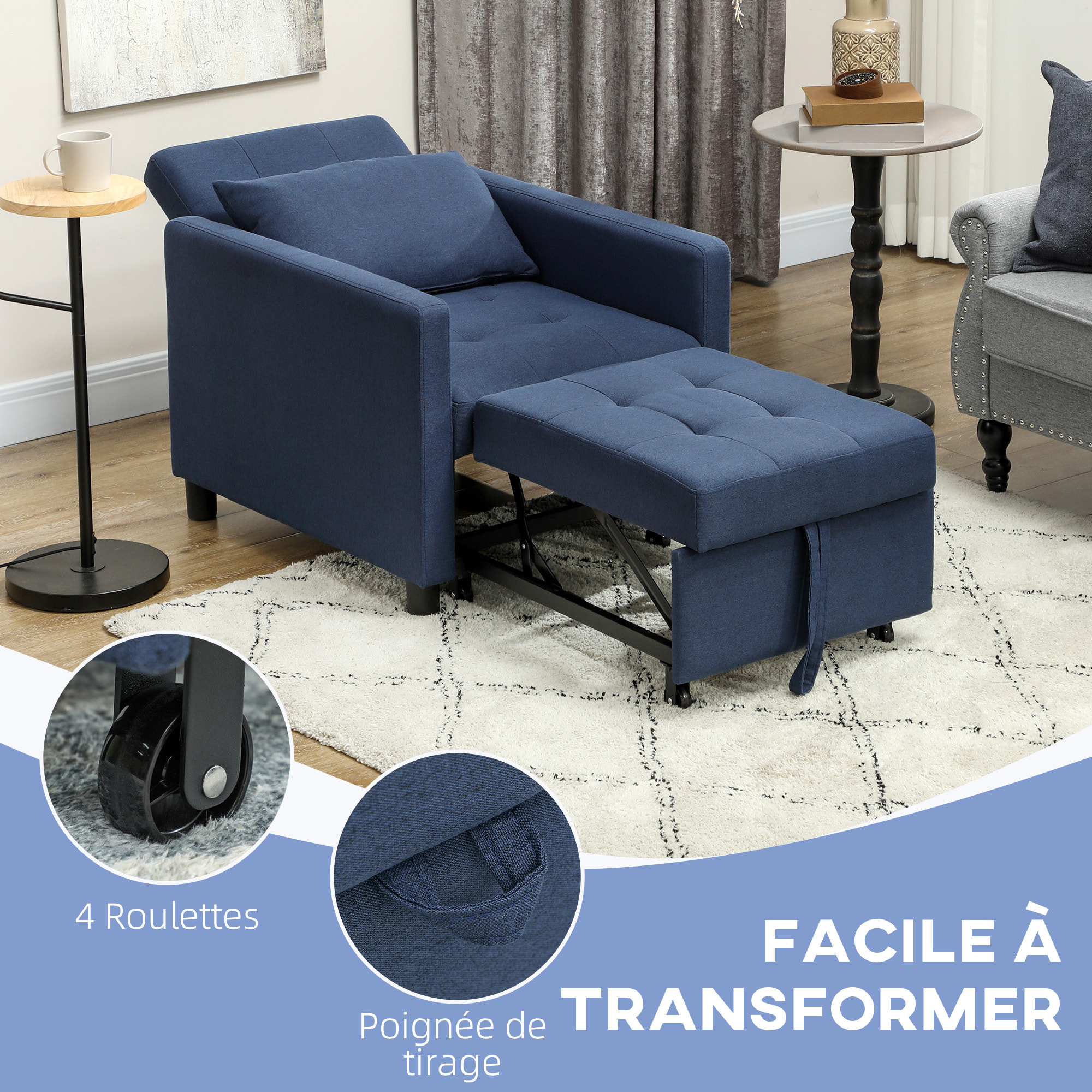 Fauteuil chauffeuse canapé-lit convertible 1 place dossier inclinable 3 positions coussin inclus polyester coton bleu