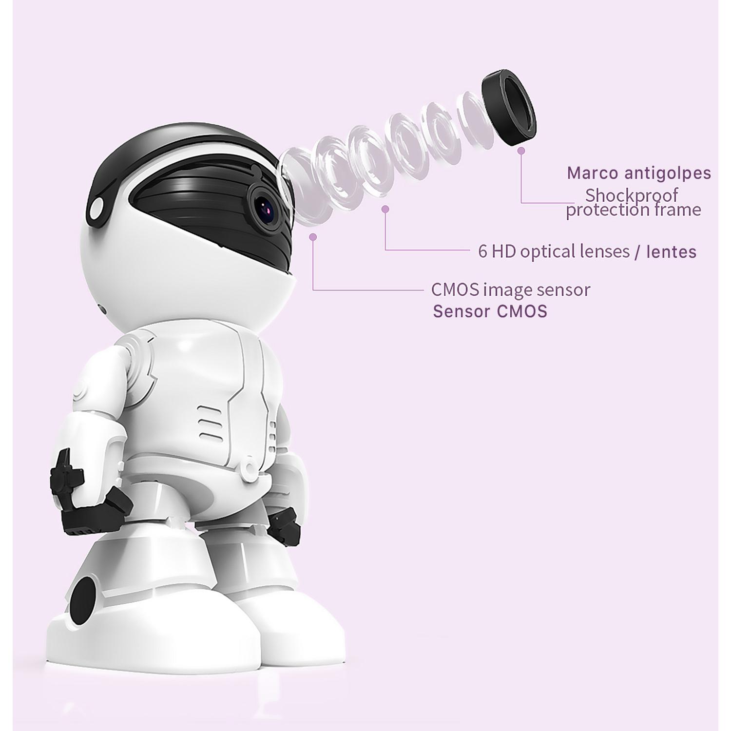 Telecamera IP wifi per sorveglianza con movimento orizzontale e verticale, design robotico. Visione notturna. Comunicazione a 2 vie.