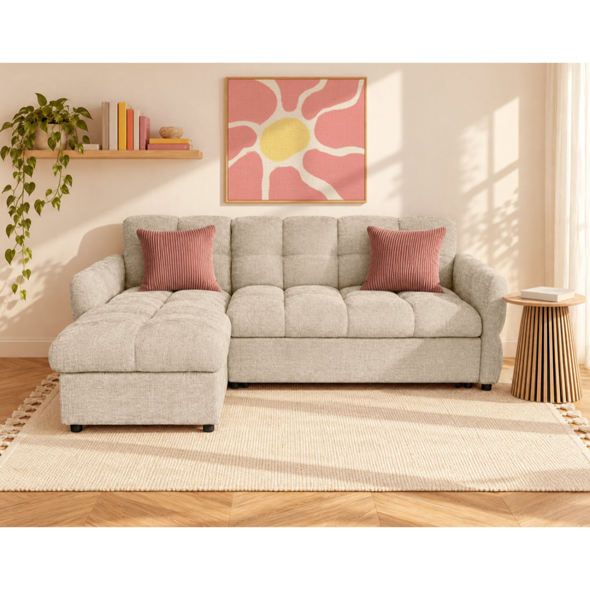 Octave - Canapé d'angle réversible 4 places convertible avec coffre en velours texturé - Beige