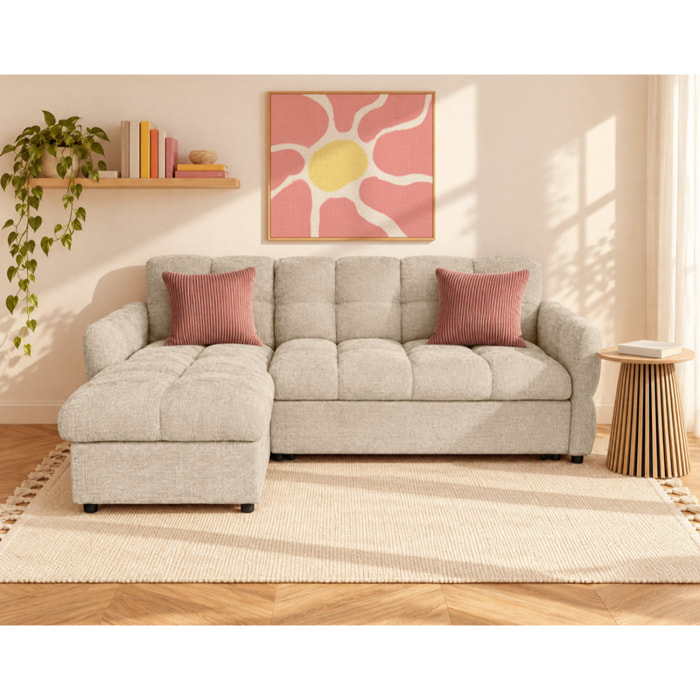 Octave - Canapé d'angle réversible 4 places convertible avec coffre en velours texturé - Beige