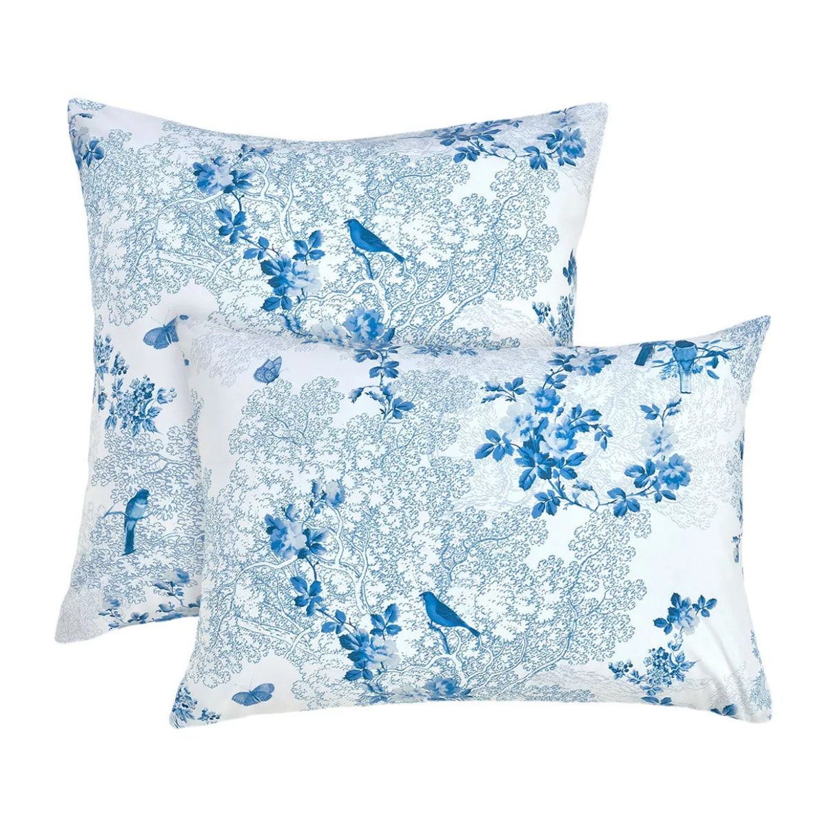 Taie d'oreiller percale de coton imprimé blanc bleu Voliere bleu