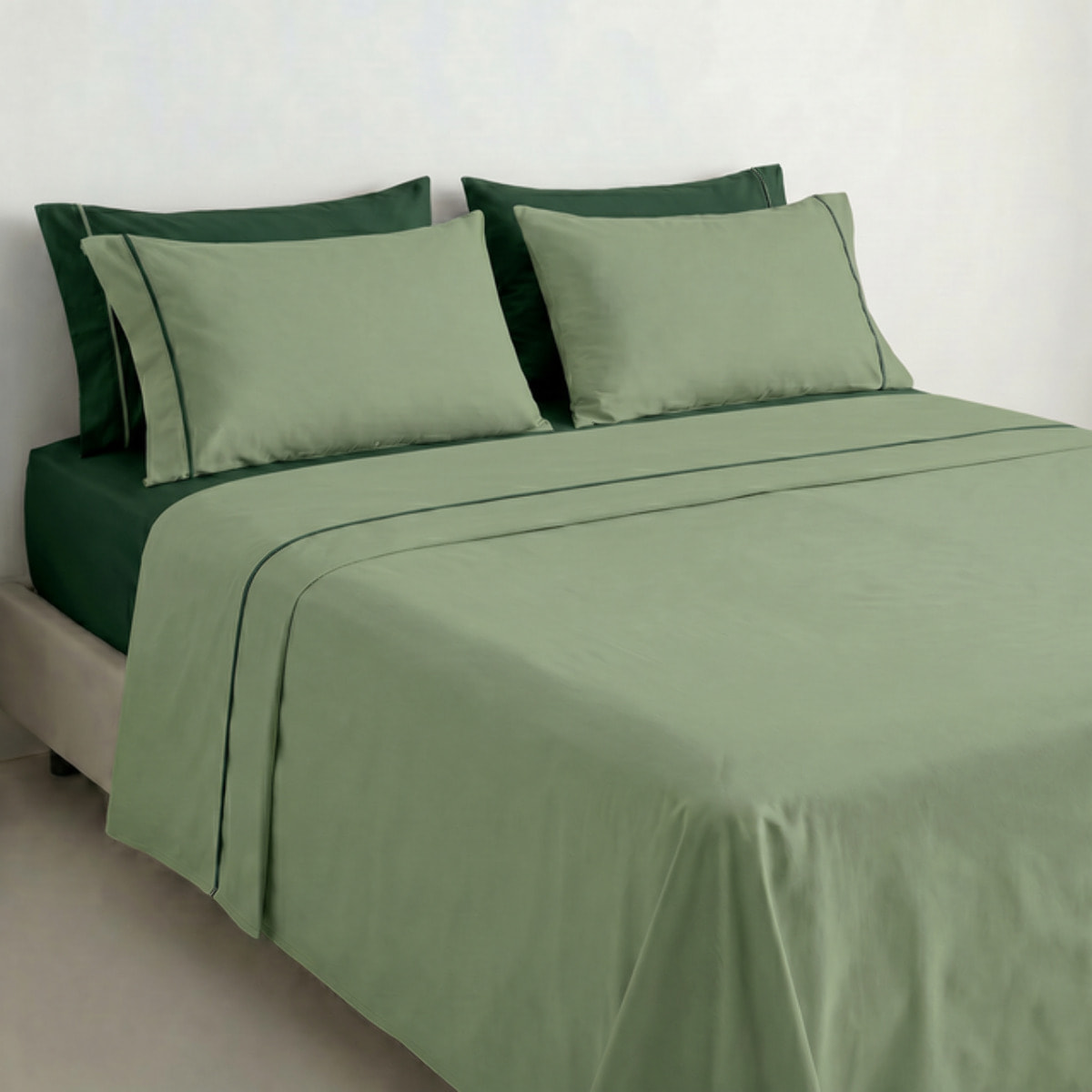 Completo Lenzuola in 100% Cotone con Piping Elegante, Set Letto Morbido e Traspirante con Lenzuolo Sopra, Sotto con Angoli Elasticizzati e Federa Coordinata