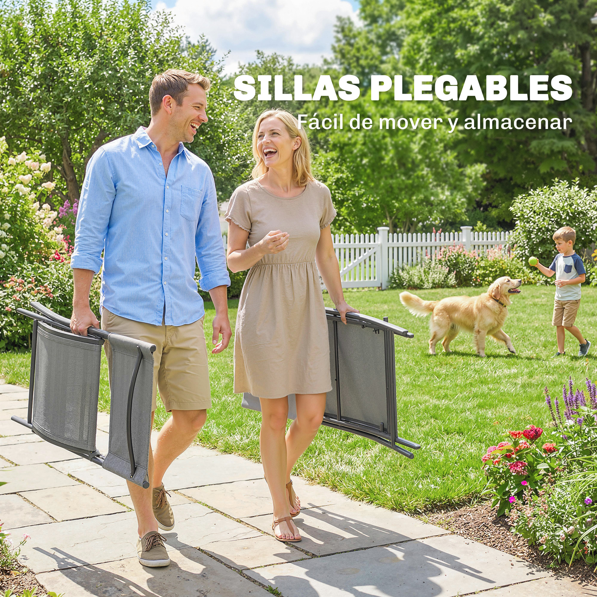 Conjunto de Mesa y Sillas Jardín de 5 Piezas, Muebles de Jardín Exterior con 4 Sillas Plegables y Mesa Plegable, para Terraza, Patio, Gris