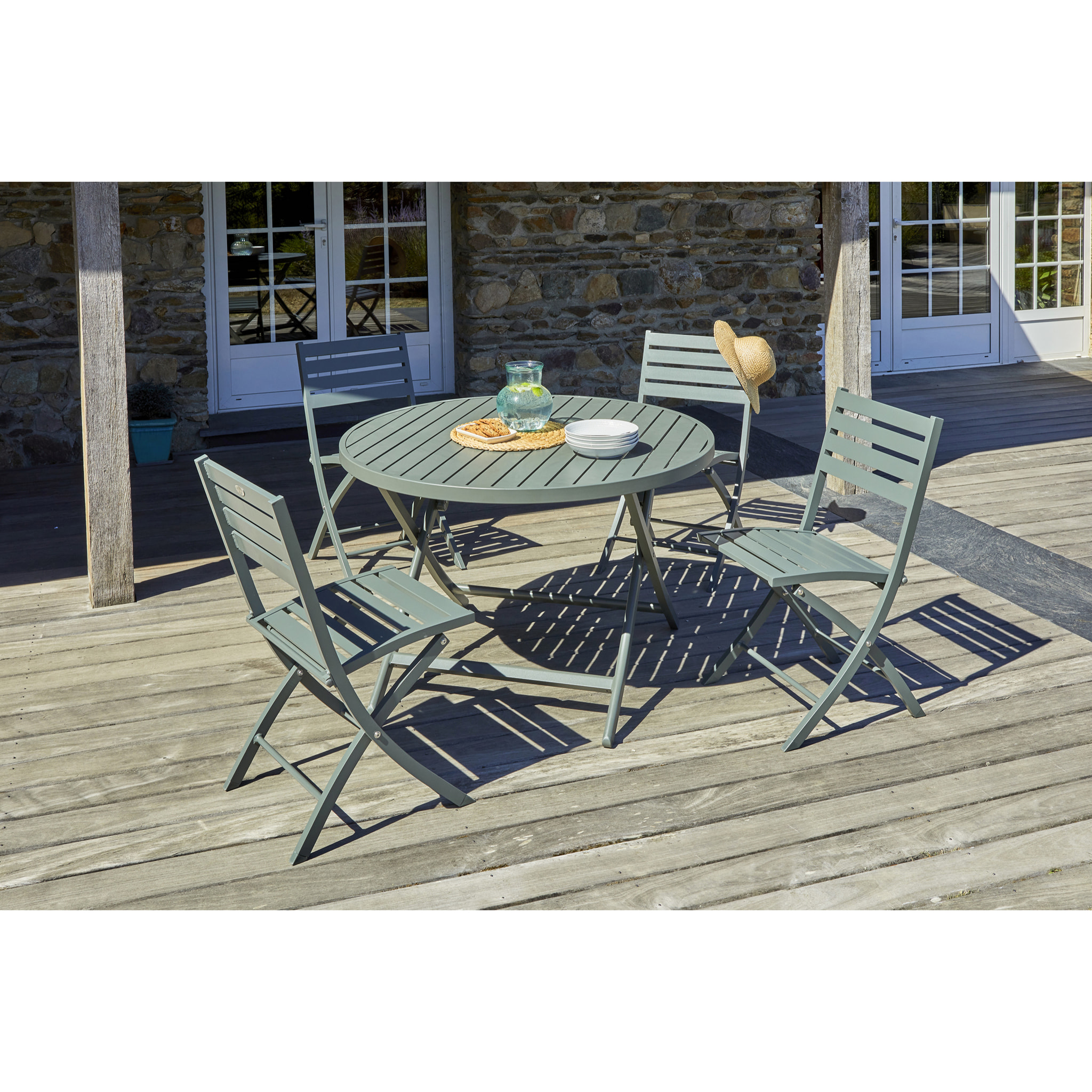 MARIUS - Ensemble repas de jardin 4 places en aluminium vert