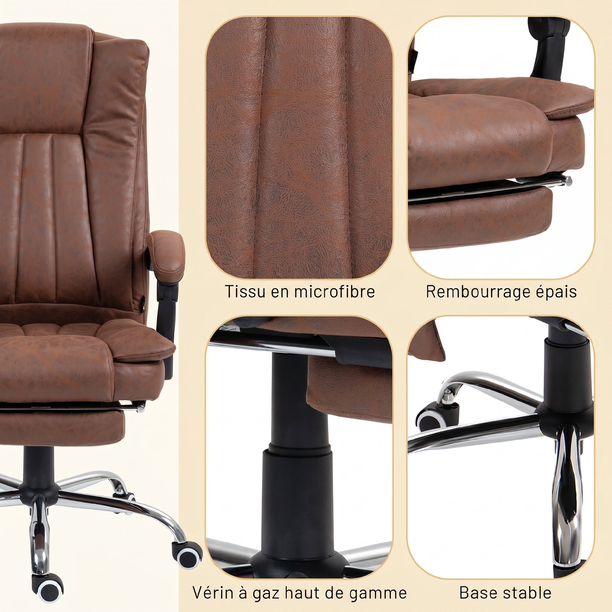 Fauteuil de bureau massant chauffant inclinable repose-pieds rétractable effet cuir vieilli