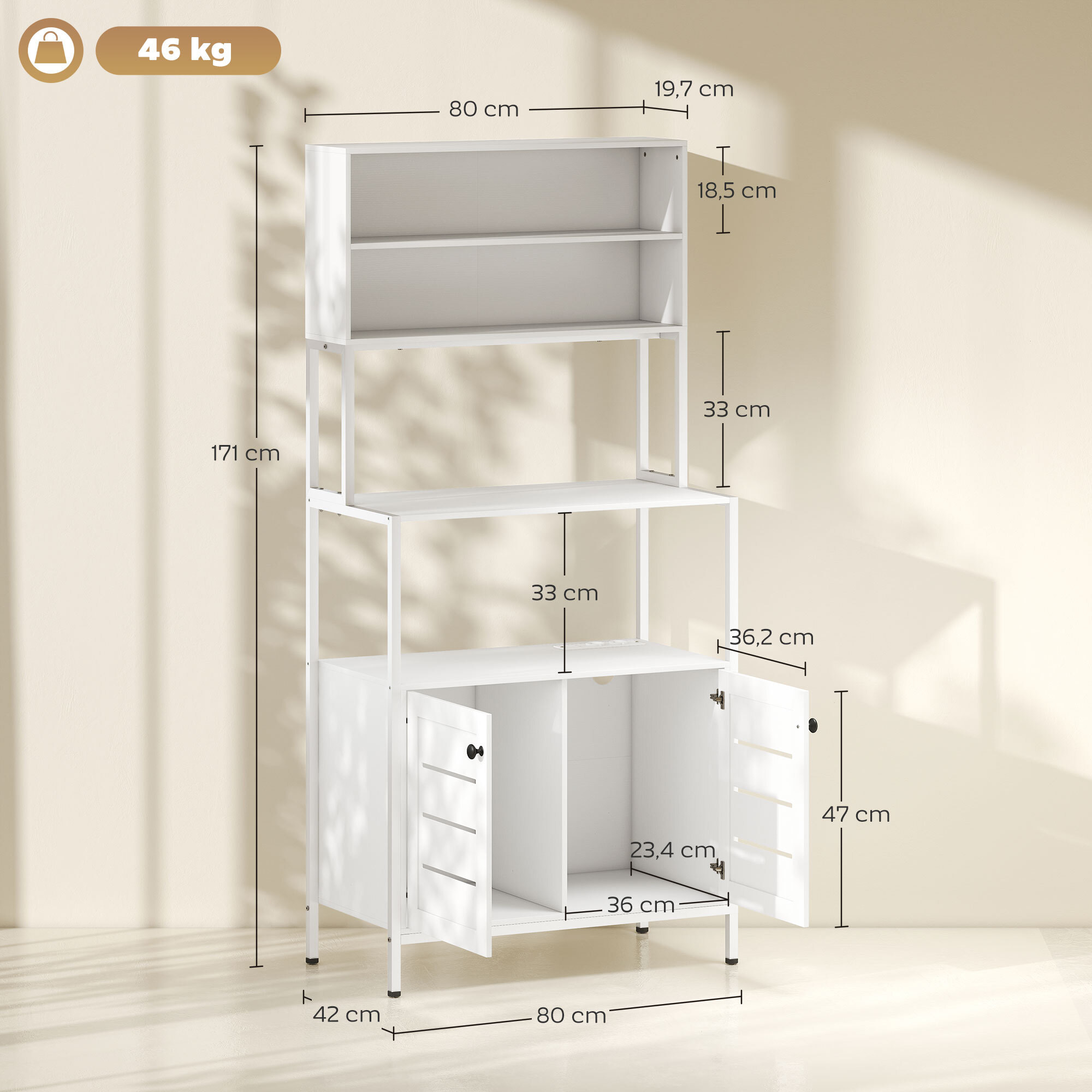 Meuble cuisine avec multiprise - meuble micro-onde - étagère de cuisine - dim. 80 x 42 x 171 cm - acier métal blanc
