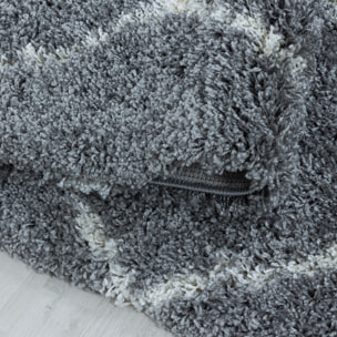 ALVOR - Tapis shaggy rond à poils longs motif berbère gris