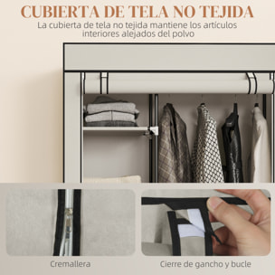 Armario de Tela con Ruedas, Armario Portátil, con Barra para Colgar, 6 Estantes, Marco de Acero, para Dormitorio, Vestidor, 103x43x162,5 cm, Crema