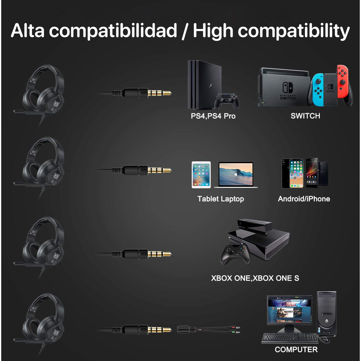 Headset Onikuma K19. Auriculares gaming con micro, conexión minijack, luces LED. PC, PS4, Xbox One, móvil, tablet.