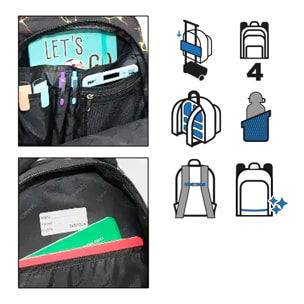 Zaino scolastico con quattro cerniere, pannello imbottito, dettagli riflettenti e compatibile con trolley. 30x16x42 cm.