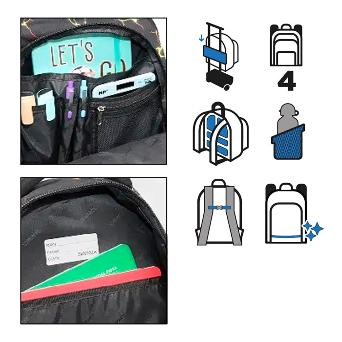 Zaino scolastico con quattro cerniere, pannello imbottito, dettagli riflettenti e compatibile con trolley. 30x16x42 cm.