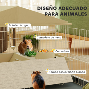 Jaula para Animales Pequeños con Corral Desmontable Jaula para Roedores con Ruedas Rampas Cuenco Botella de Agua y Dispensador de Heno 108x71x57 cm Beige
