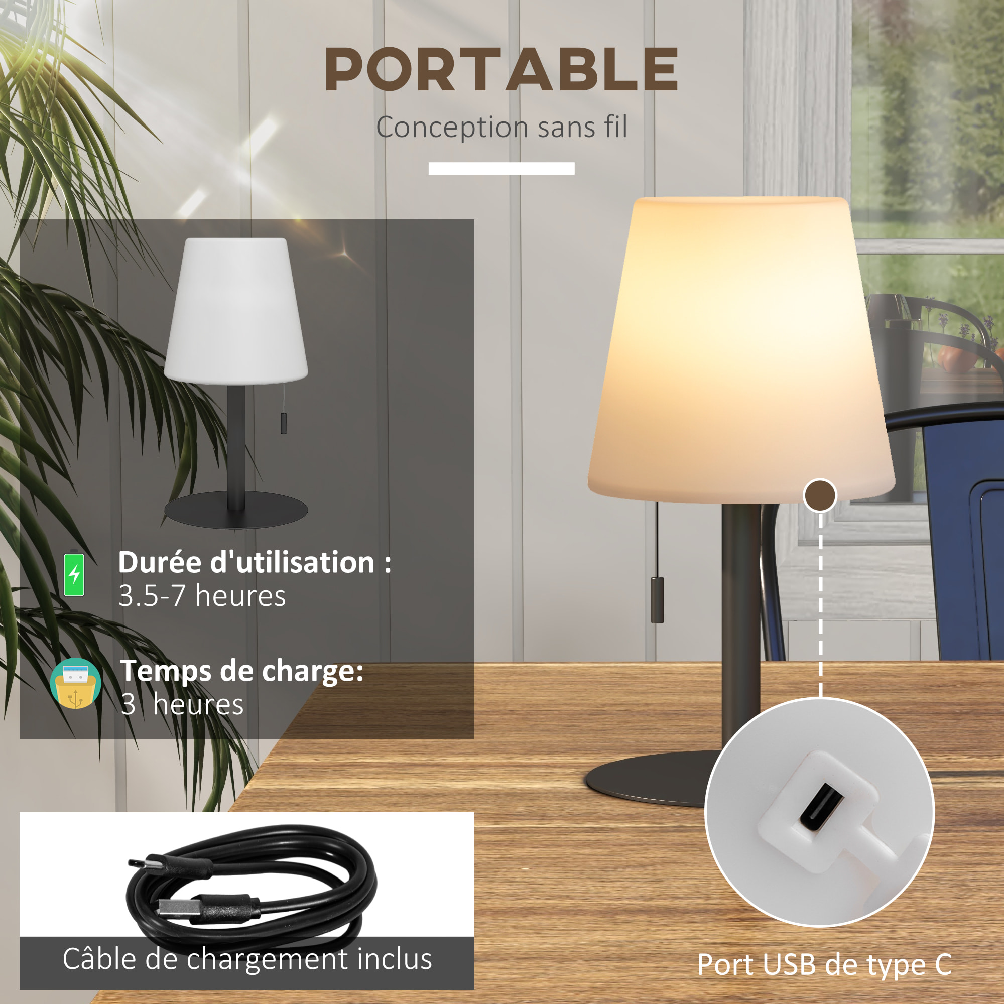 Lampe de table LED de jardin sans fil rechargeable USB réglable noir blanc