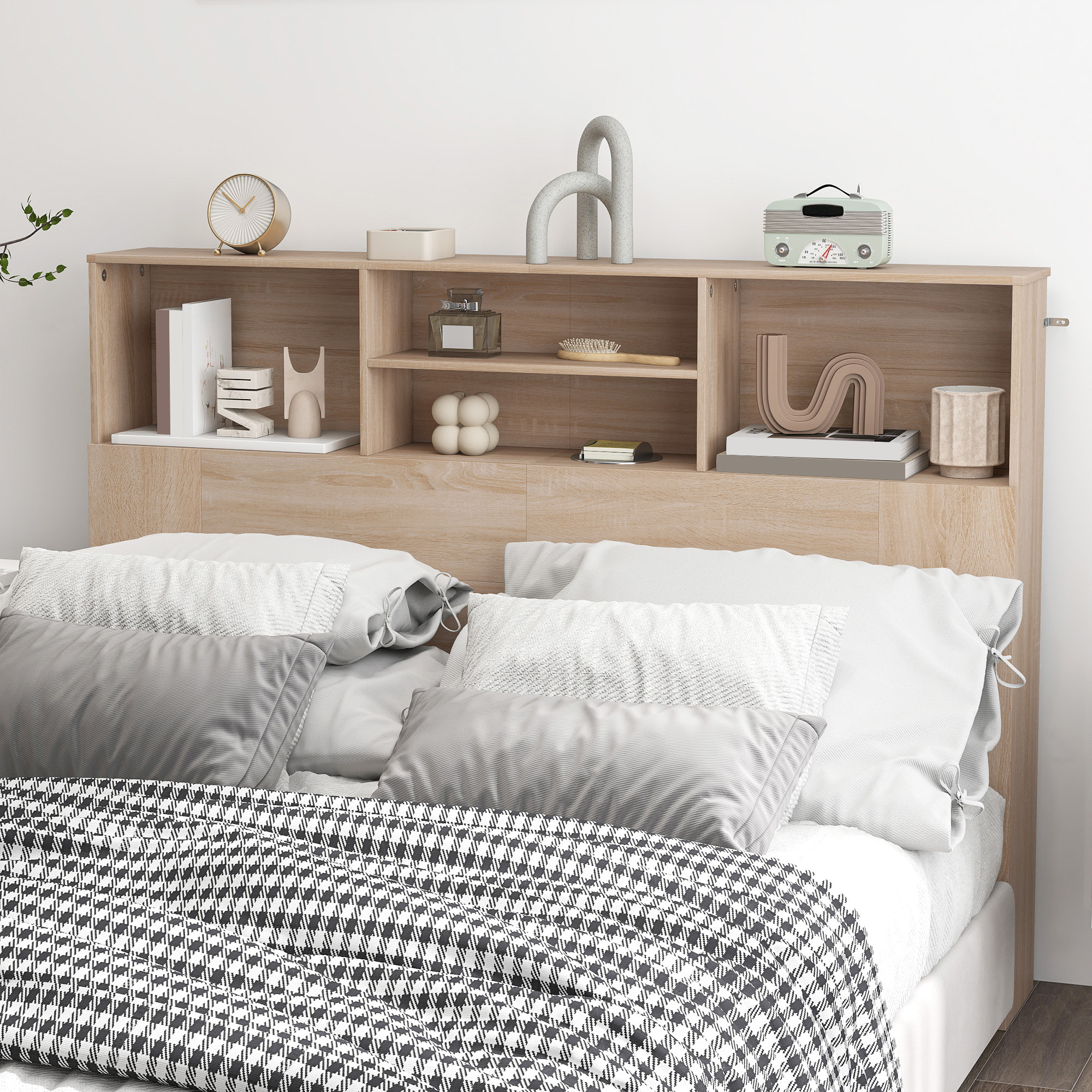 Tête de lit avec rangement - tête de lit bois 140 cm - 4 niches, grande étagère - naturel