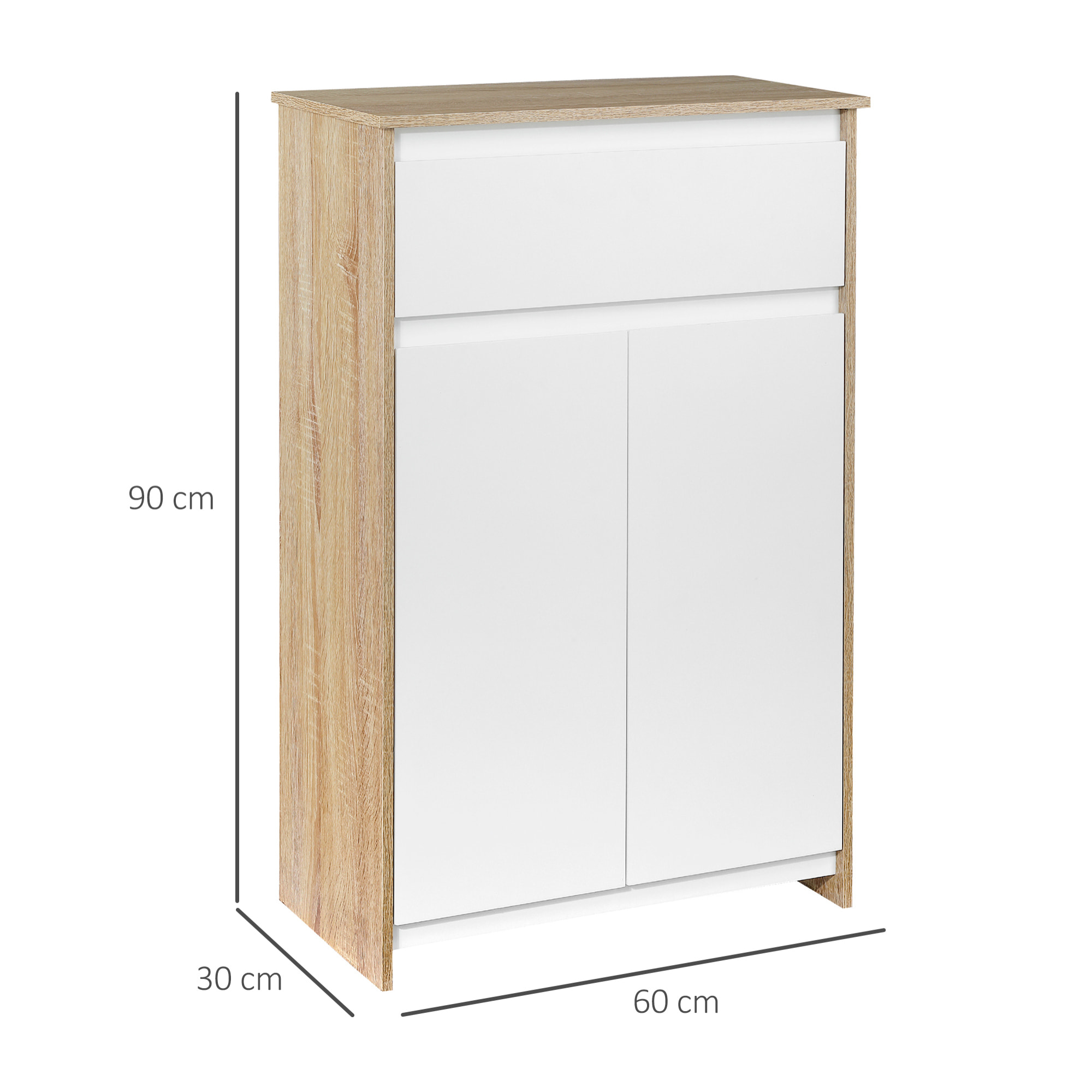 Armario Auxiliar de Baño con 1 Cajón y 2 Puertas Mueble Auxiliar de Baño para Salón Aseo Dormitorio Estilo Moderno Antivuelco 60x30x90 cm Blanco y Natural