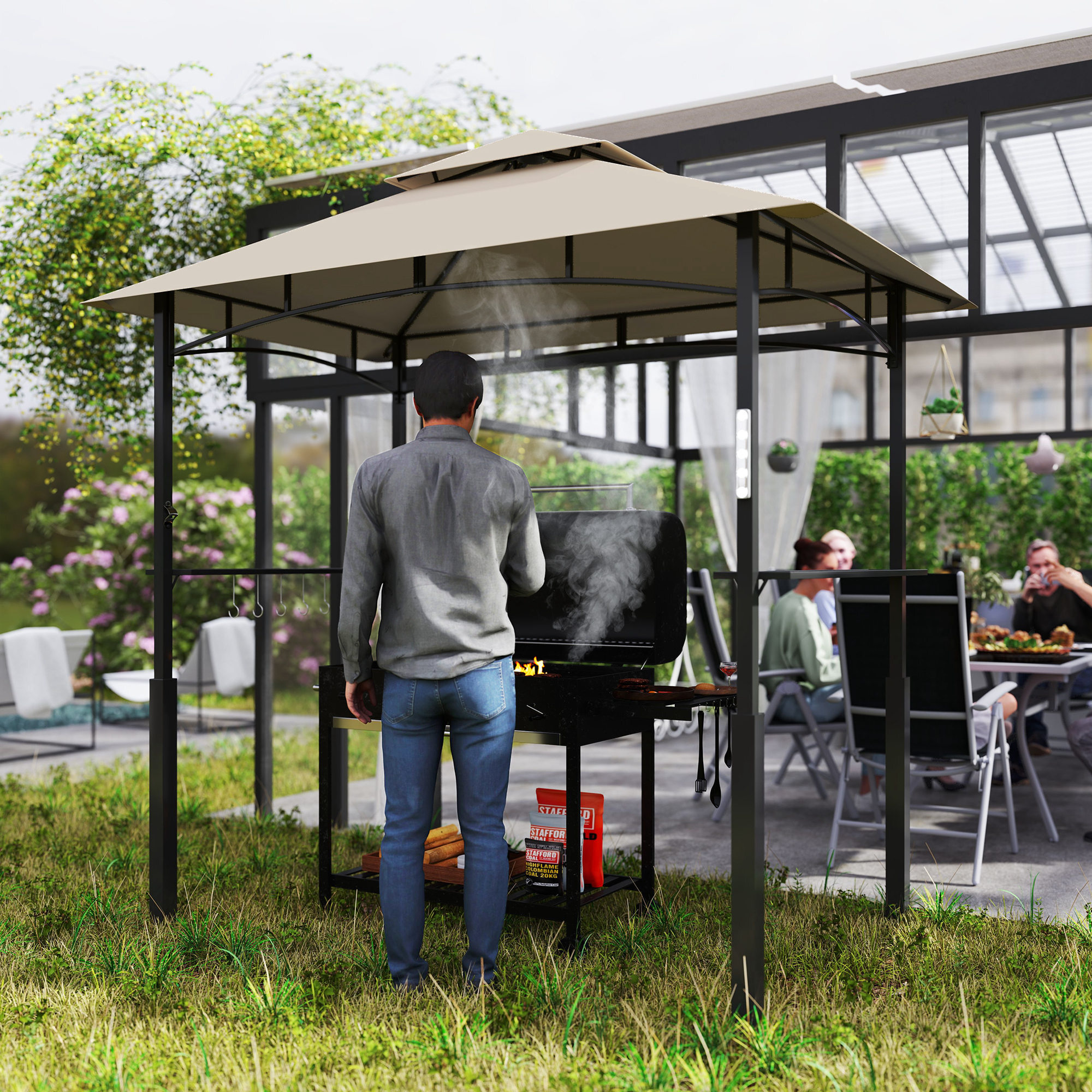 Abri pour barbecue - 2 étagères, 8 crochets, lumière LED, décapsuleur - métal noir tissu kaki