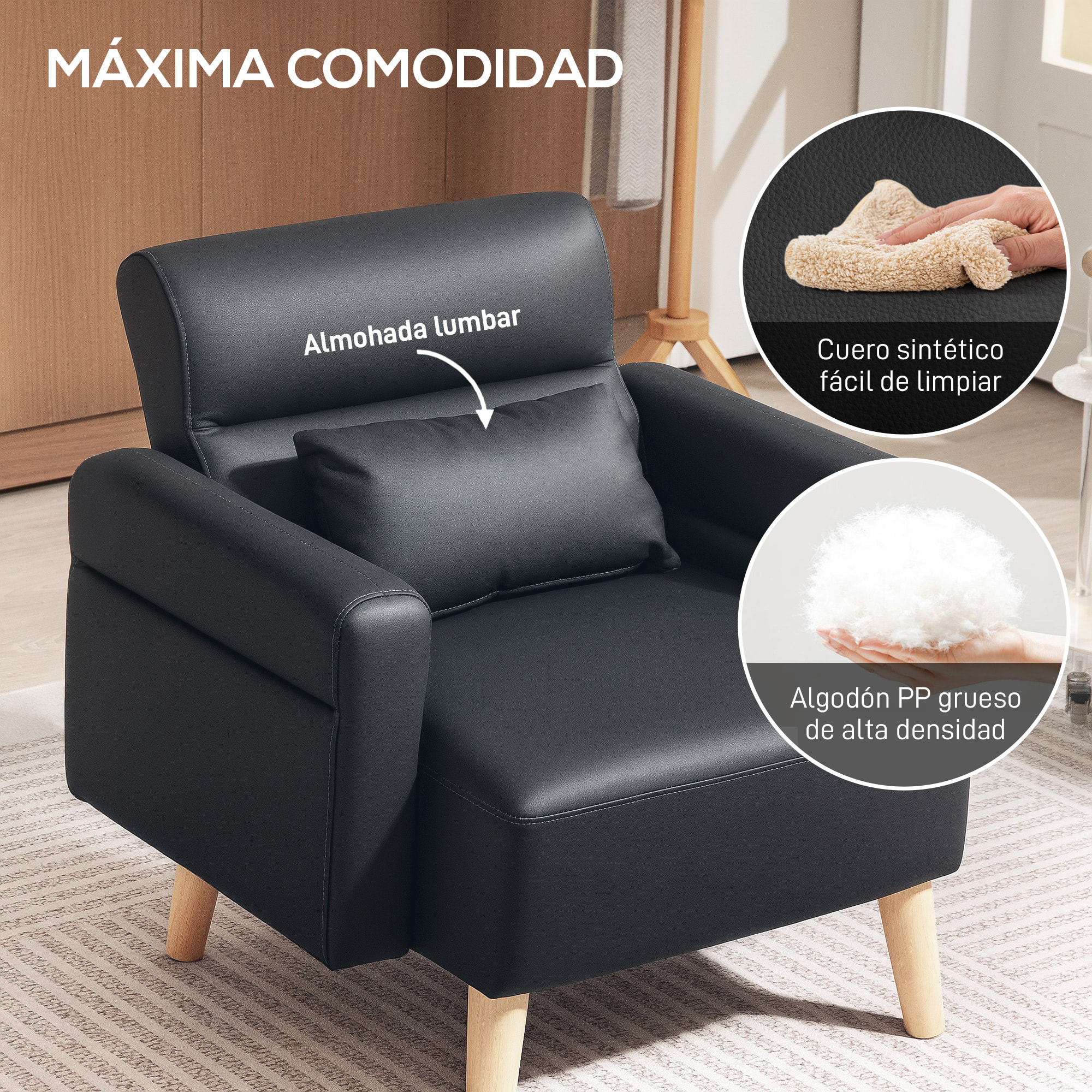 Sillón de Salón Tapizado en Cuero Sintético Butaca de Salón de 77 cm con Reposabrazos Acolchado Grueso Respaldo Acanalado y Patas de Madera para Dormitorio Sala de Estar Negro
