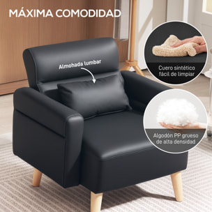Sillón de Salón Tapizado en Cuero Sintético Butaca de Salón de 77 cm con Reposabrazos Acolchado Grueso Respaldo Acanalado y Patas de Madera para Dormitorio Sala de Estar Negro