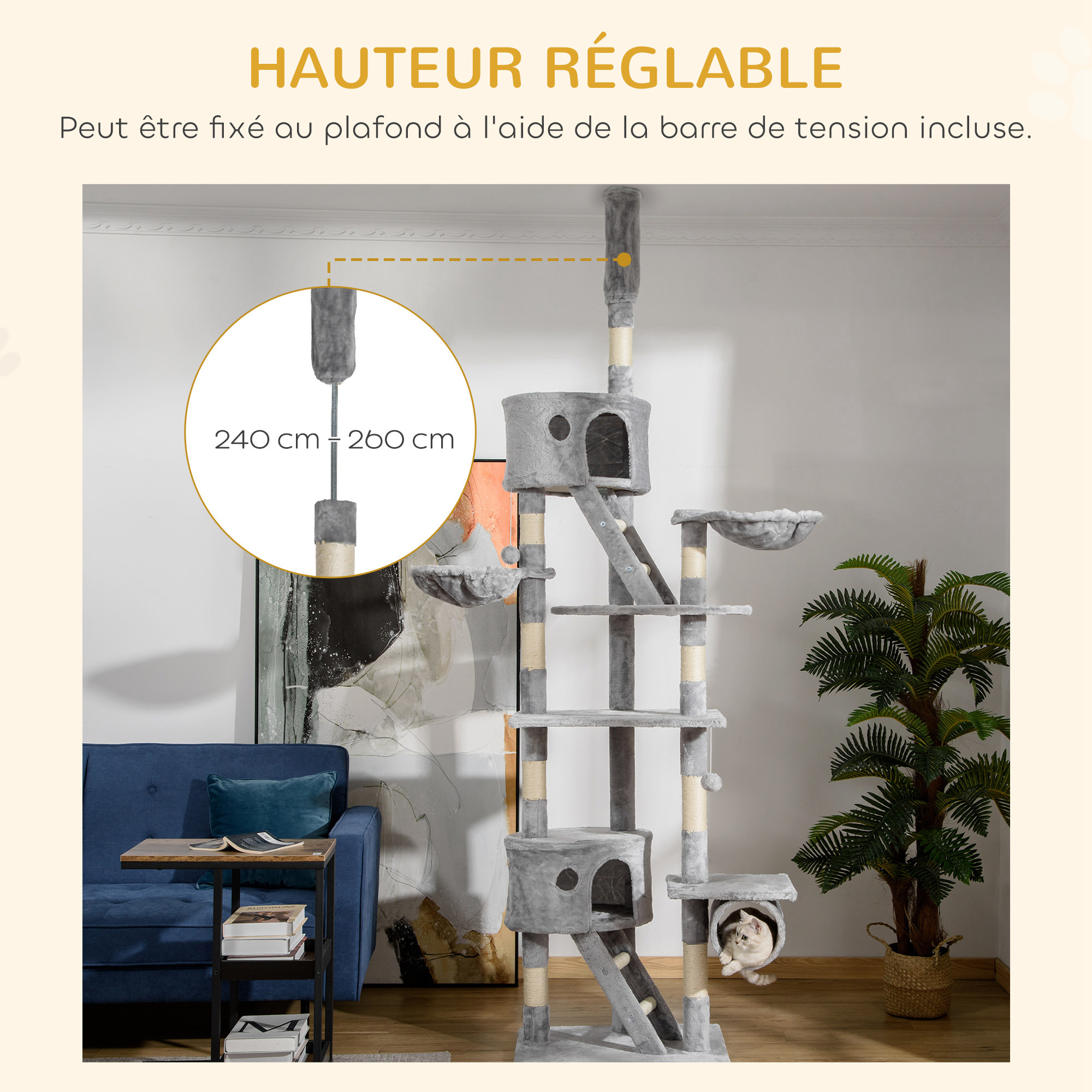 Arbre à chat design XXL réglable H.240-260 cm multi-équipement gris