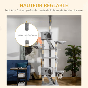 Arbre à chat design XXL réglable H.240-260 cm multi-équipement gris