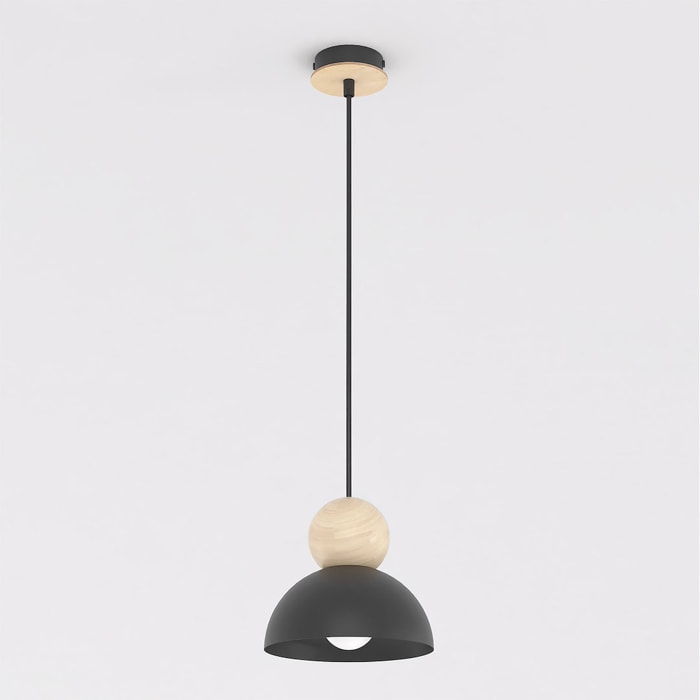 Lampada a sospensione Kaki in acciaio nero opaco e legno