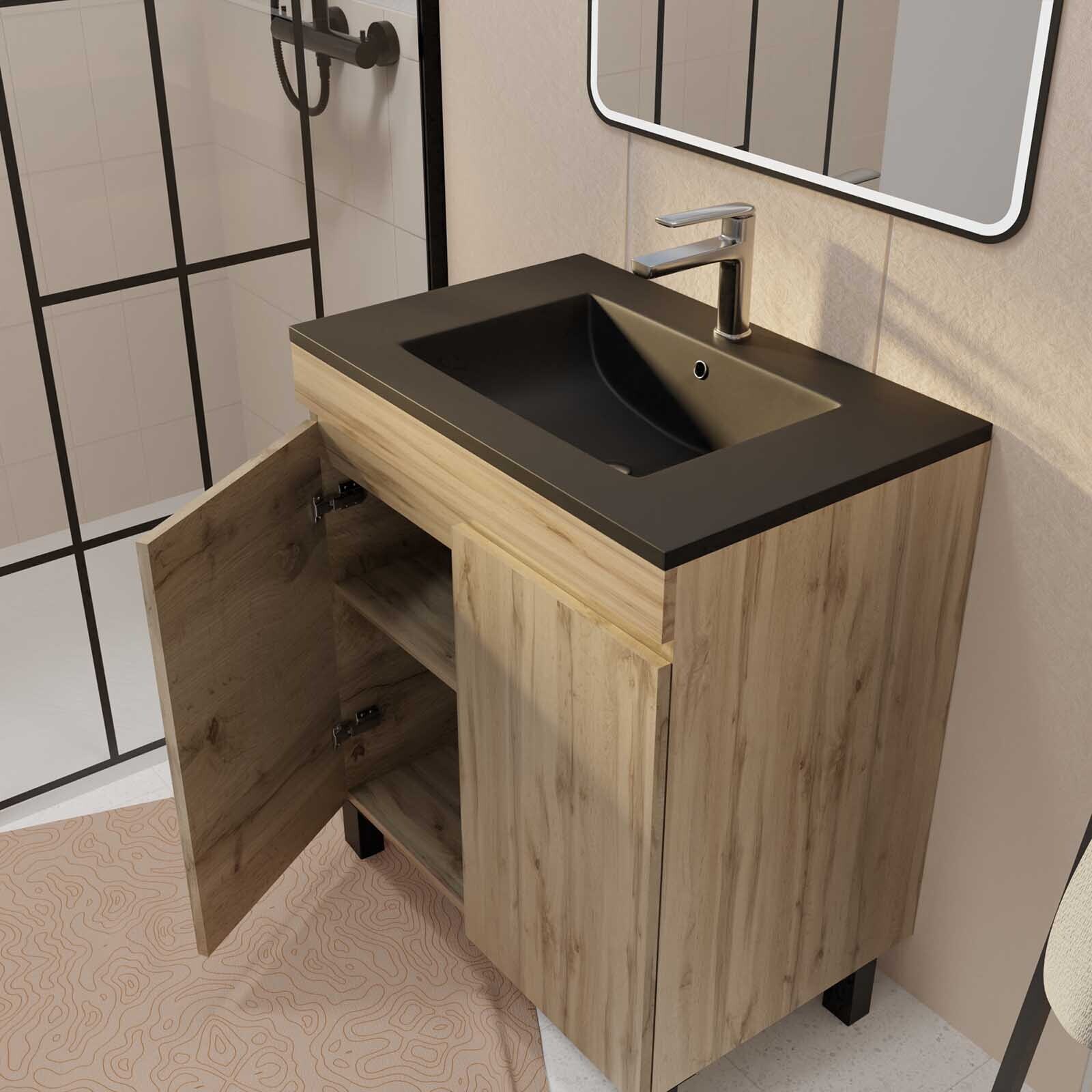 Meuble de salle de bains 70cm TIMBER Décor Chêne Naturel à Portes Vasque Noire et Miroir LED 70x50